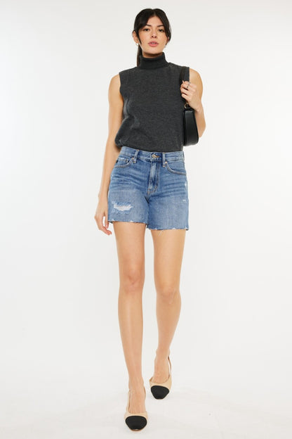 Distressed High Waist Denim Shorts - DUMBFRESHCO